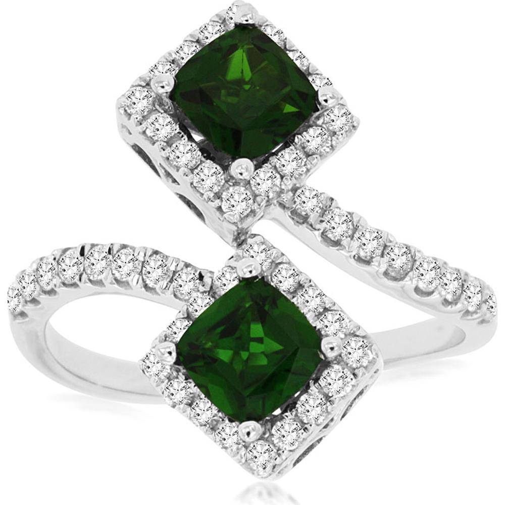 14K White Gold Two-Stone Cushion Cut Russalite and Diamond Halo Ring - 1.20 Carat Russalite Total Weight, 0.54 Carat Diamond Total Weight - Royal Jewelry