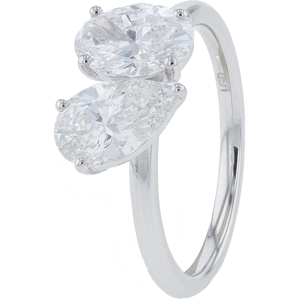 14K White Gold Two-Stone Engagement Ring with Pear and Oval Lab-Grown Diamonds - 2.00 Carat Total Diamond Weight