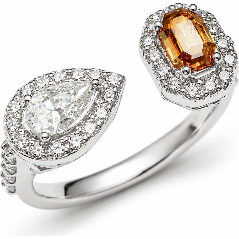 14K White Gold Two-Stone Fashion Open Ring with Pear-Shaped Diamond and Golden Gemstone Halos - 1.33 Carat Total Diamond Weight by Auriventus