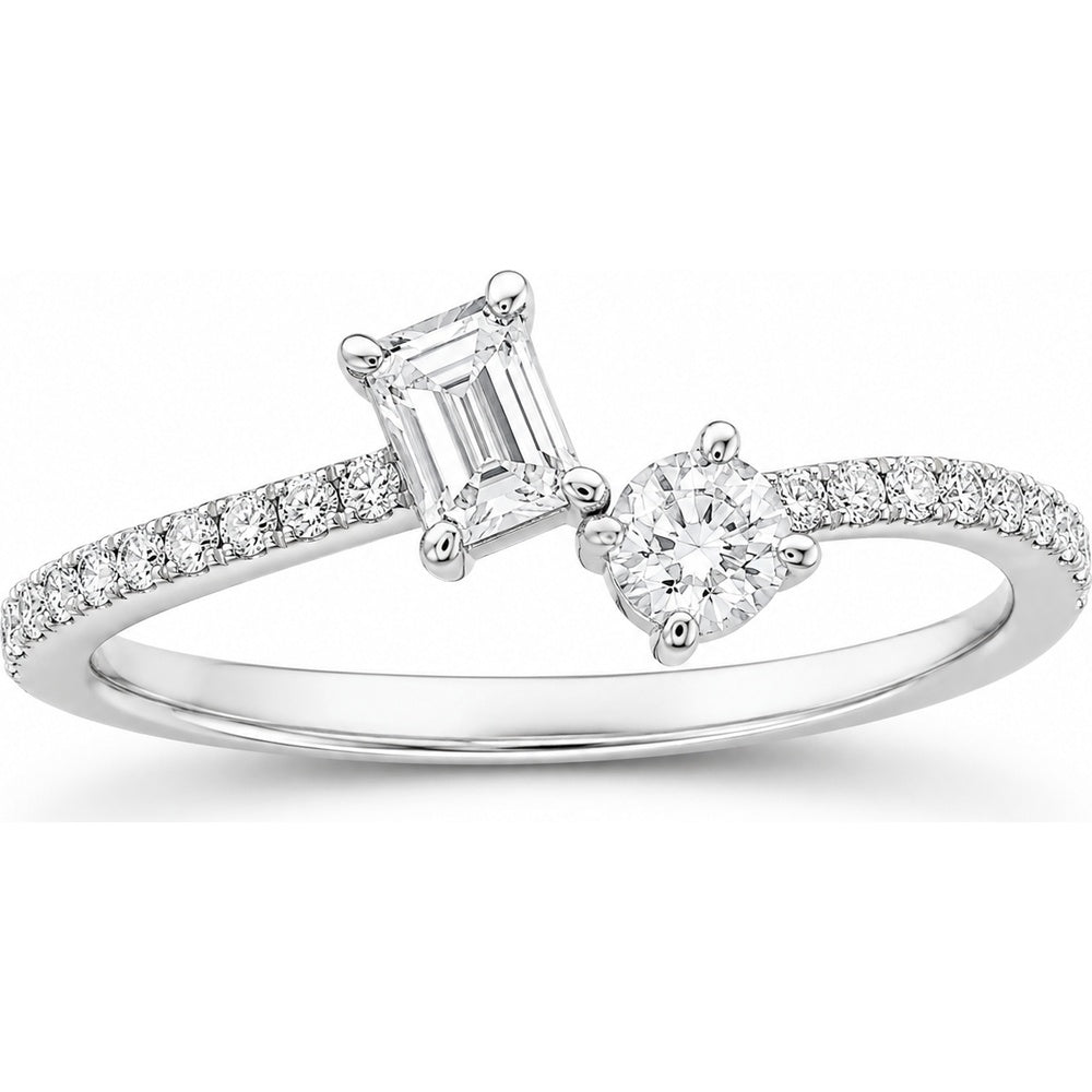 14K White Gold Two-Stone Fashion Ring with Emerald Cut and Round Diamonds - 0.47 Carat Total Diamond Weight by Auriventus