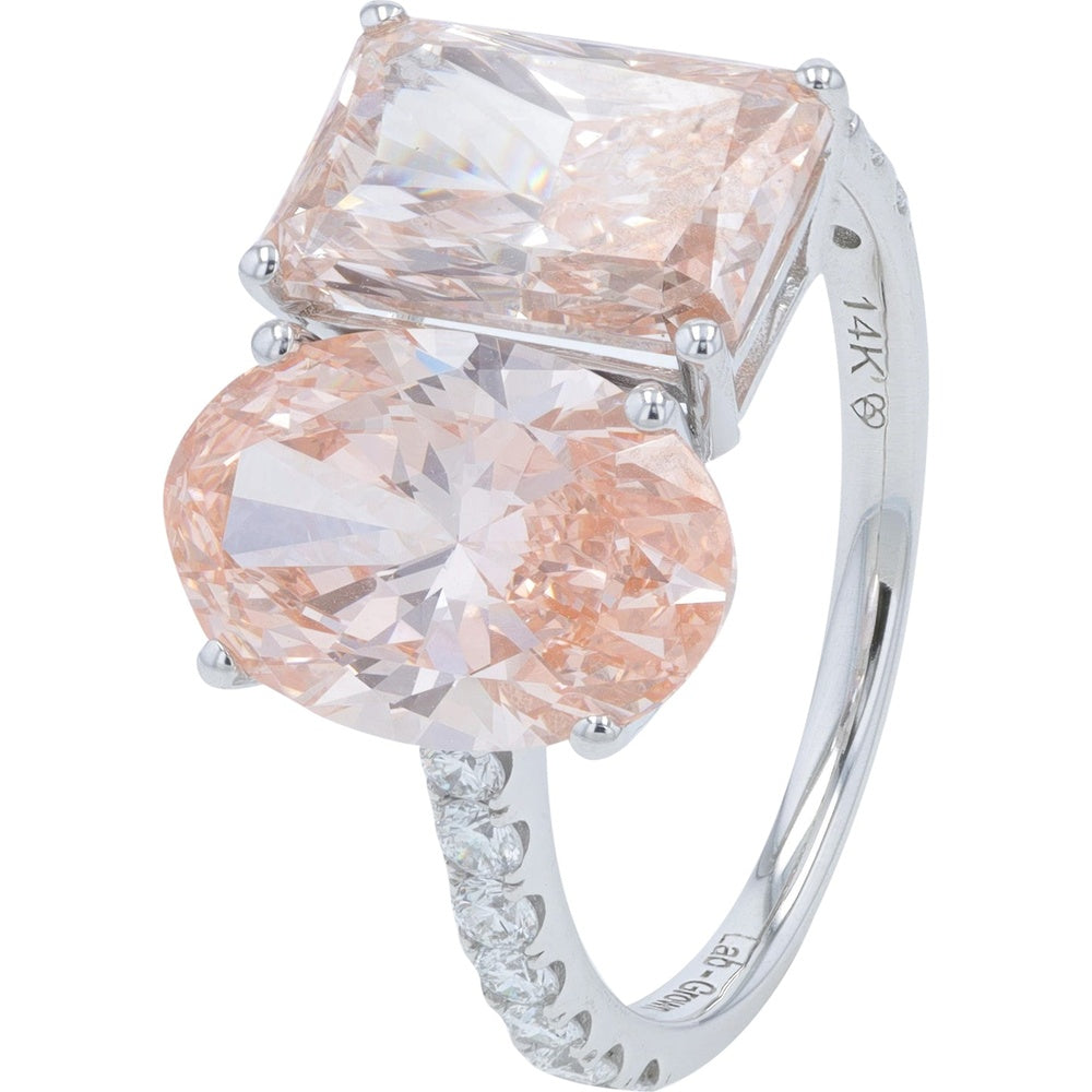 14K White Gold Two-Stone Lab Grown Diamond Engagement Ring with Radiant and Oval Cut Pinkish Diamonds - 6.75 Carat Total Weight