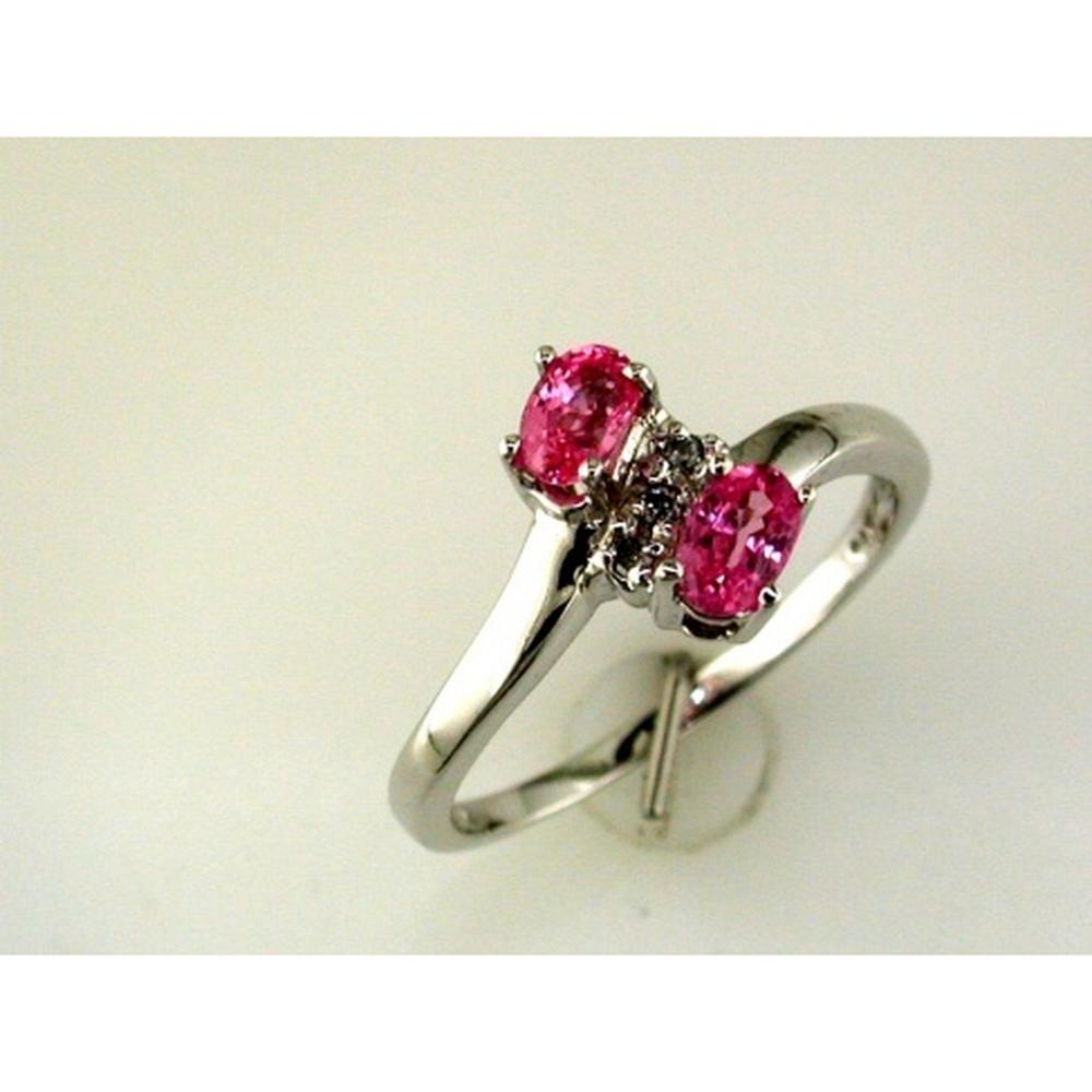 14K White Gold Two-Stone Oval Pink Sapphire and Round Diamond Cluster Ring - 0.65 Carat Pink Sapphire Total Weight, 0.02 Carat Diamond Total Weight - Royal Jewelry