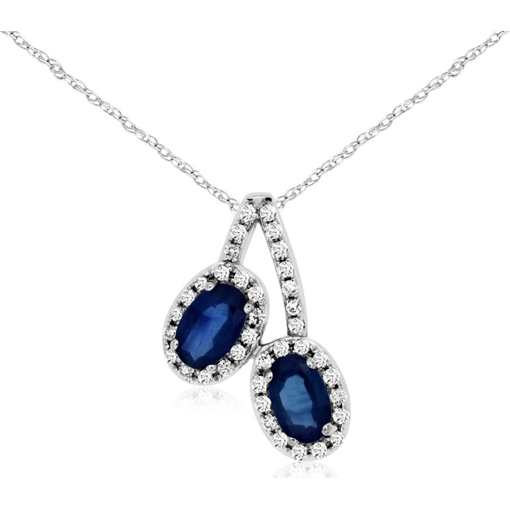 14K White Gold Two-Stone Oval Sapphire Pendant with Diamond Halo Accents - 0.60 Carat Total Sapphire Weight and 0.15 Carat Total Diamond Weight - Royal Jewelry
