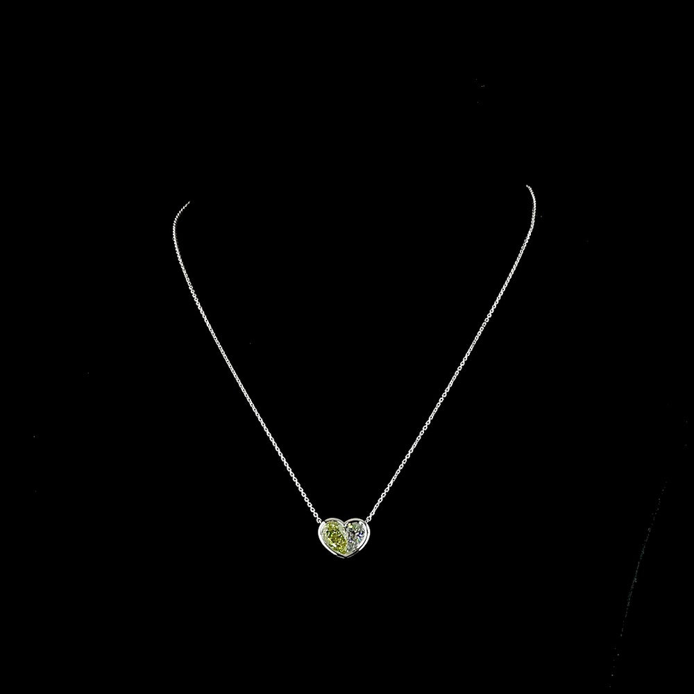 14K White Gold Two-Stone Pear Shape Pendant with Fancy Intense Yellow and Colorless Lab Diamonds - 3.46 Carat Total Weight, Bezel Set North-South - Covaloro Fine Jewelry