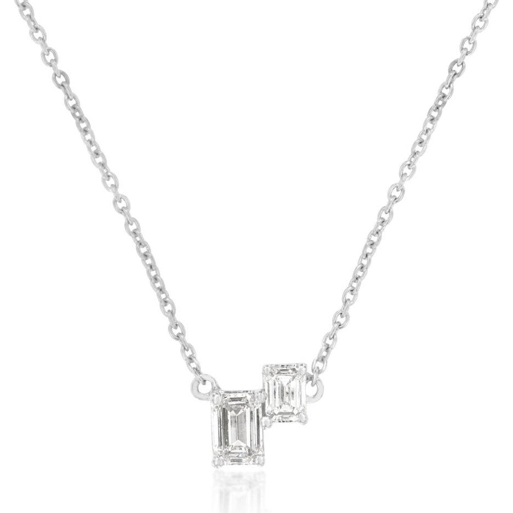 14K White Gold Two-Stone Pendant Necklace with Emerald-Cut Diamonds - 0.30 Carat Total Diamond Weight - Royal Jewelry