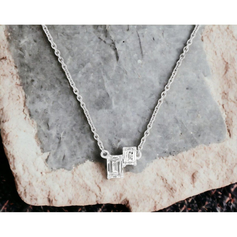 14K White Gold Two-Stone Pendant Necklace with Emerald-Cut Diamonds - 0.30 Carat Total Diamond Weight - Royal Jewelry