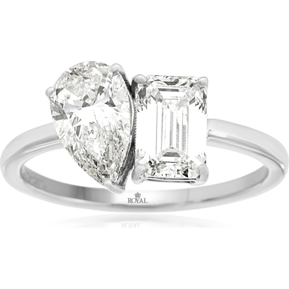 14K White Gold Two Stone Ring with Pear and Emerald Cut Lab-Grown Diamonds - 4.4 Carat Total Diamond Weight - Royal Jewelry