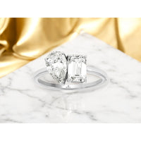 14K White Gold Two Stone Ring with Pear and Emerald Cut Lab-Grown Diamonds - 4.4 Carat Total Diamond Weight - Royal Jewelry