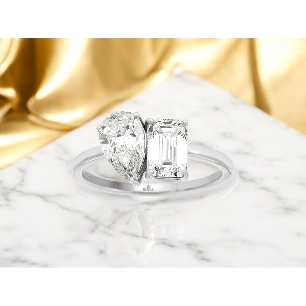 14K White Gold Two Stone Ring with Pear and Emerald Cut Lab-Grown Diamonds - 4.4 Carat Total Diamond Weight - Royal Jewelry