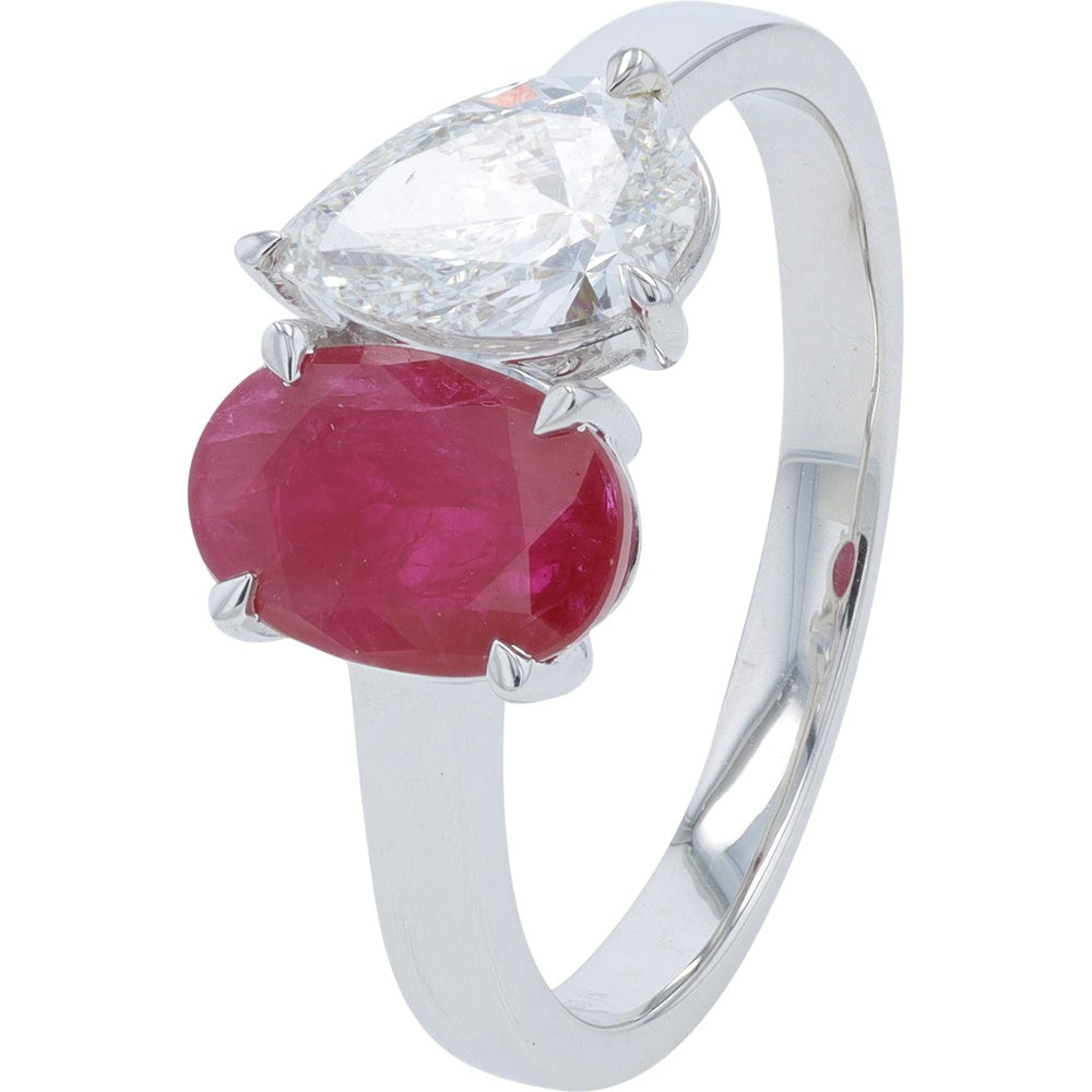 14K White Gold Two-Stone Ring with Pear-Shaped Lab-Grown Diamond and Oval Ruby - 2.00 Carat Total Diamond Weight, 1.00 Carat Ruby Weight