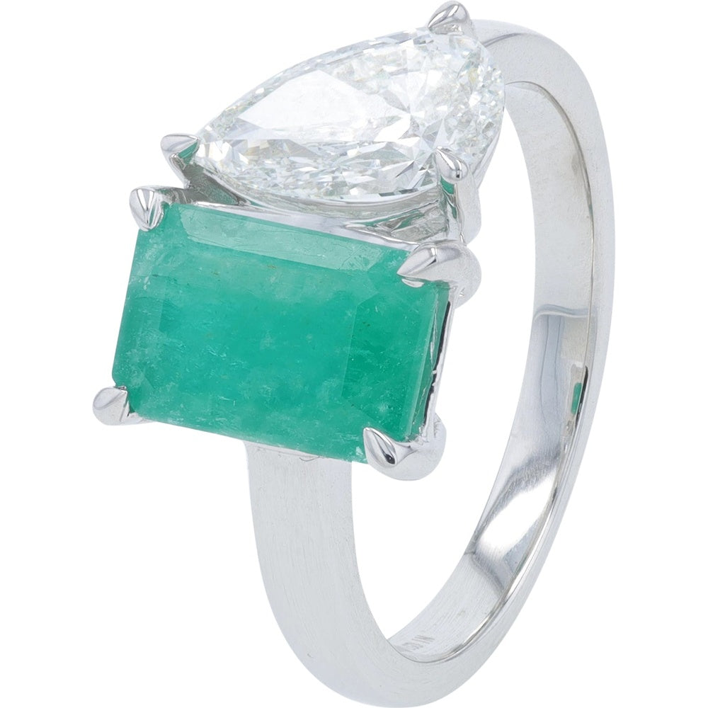 14K White Gold Two-Stone Ring with Rectangular Emerald and Pear Lab-Grown Diamond - 1.00 Carat Emerald and 1.00 Carat Diamond Total Weight