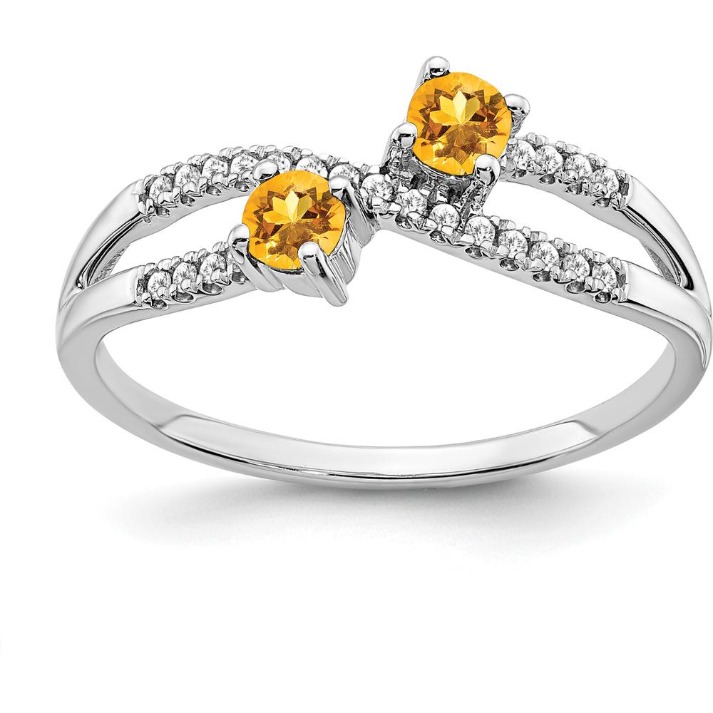 14K White Gold Two-Stone Ring with Round Citrine and Diamond Accents - 0.107 Carat Citrine, 0.004 Carat Diamond Total Weight by 0