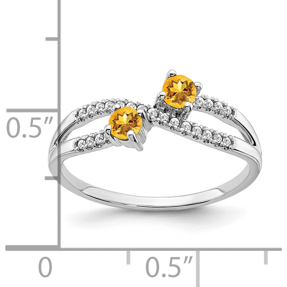 14K White Gold Two-Stone Ring with Round Citrine and Diamond Accents - 0.107 Carat Citrine, 0.004 Carat Diamond Total Weight by 0
