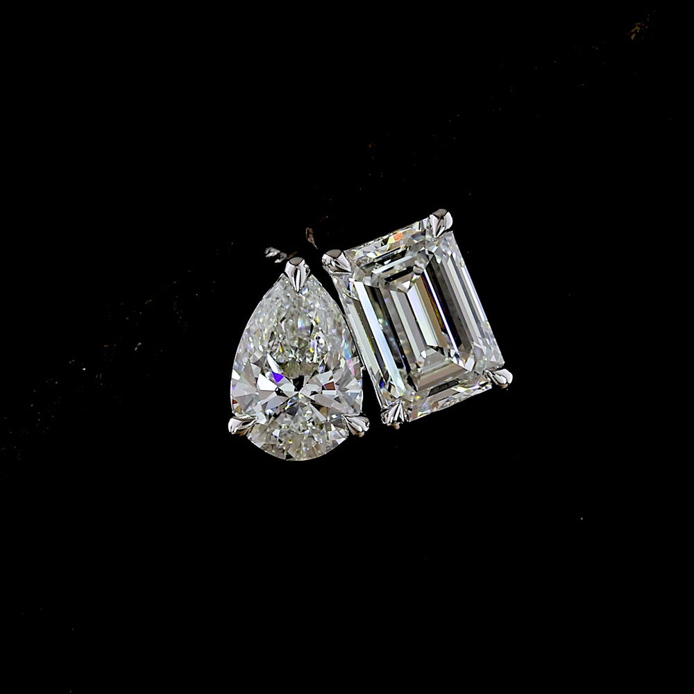 14K White Gold Two Stone Stud Earrings with Emerald Cut and Pear Shape Lab Diamonds - 1.79 Carats Total Diamond Weight - Covaloro Fine Jewelry