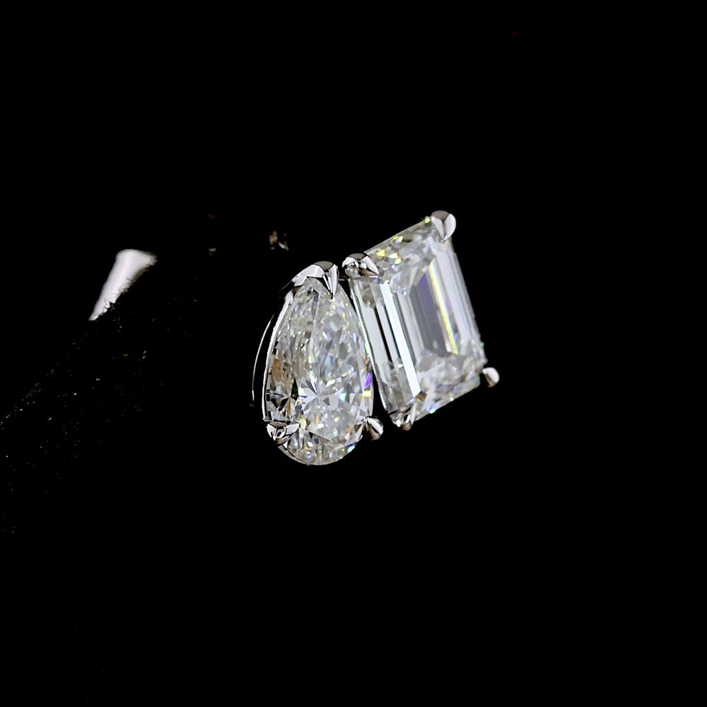 14K White Gold Two Stone Stud Earrings with Emerald Cut and Pear Shape Lab Diamonds - 1.79 Carats Total Diamond Weight - Covaloro Fine Jewelry
