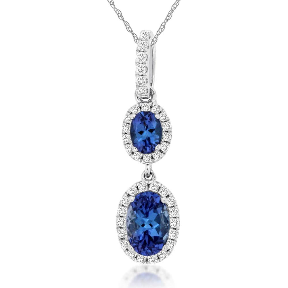 14K White Gold Two-Stone Tanzanite and Diamond Halo Pendant - 0.72 Carat Total Tanzanite Weight, 0.14 Carat Total Diamond Weight - Royal Jewelry
