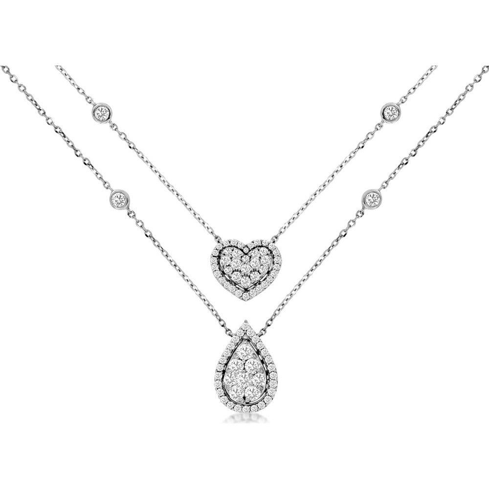 14K White Gold Two-Strand Layered Diamond Necklace with Heart and Pear Drop Pendants - 0.81 Carat Total Diamond Weight - Royal Jewelry