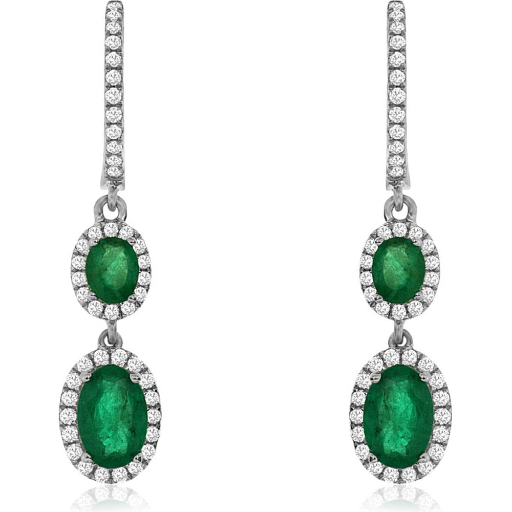 14K White Gold Two-Tier Drop Earrings with Halo Set Oval Emeralds and Round Diamonds - 1.20 Carat Total Emerald Weight and 0.30 Carat Total Diamond Weight - Royal Jewelry