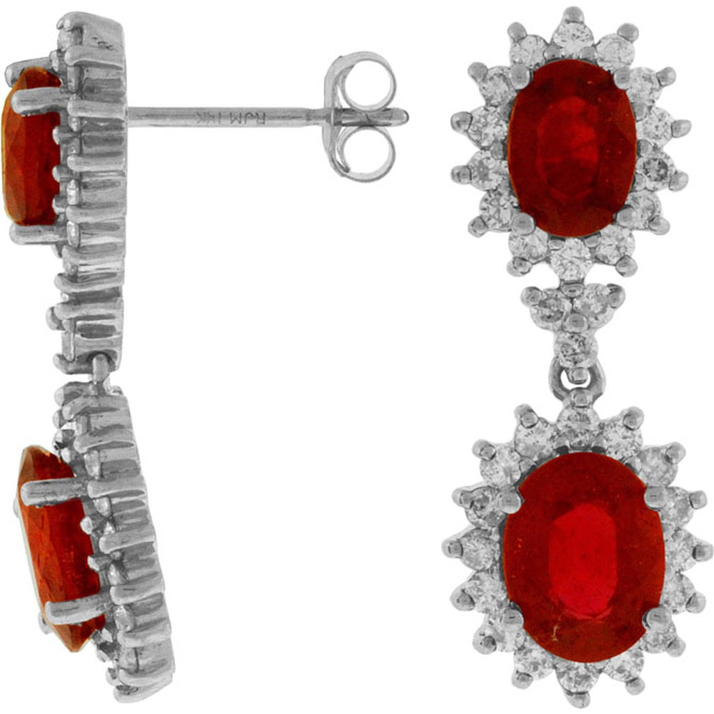 14K White Gold Two-Tier Drop Earrings with Oval Rubies and Round Diamond Halos - 4.40 Carat Total Ruby Weight and 1.30 Carat Total Diamond Weight - Royal Jewelry