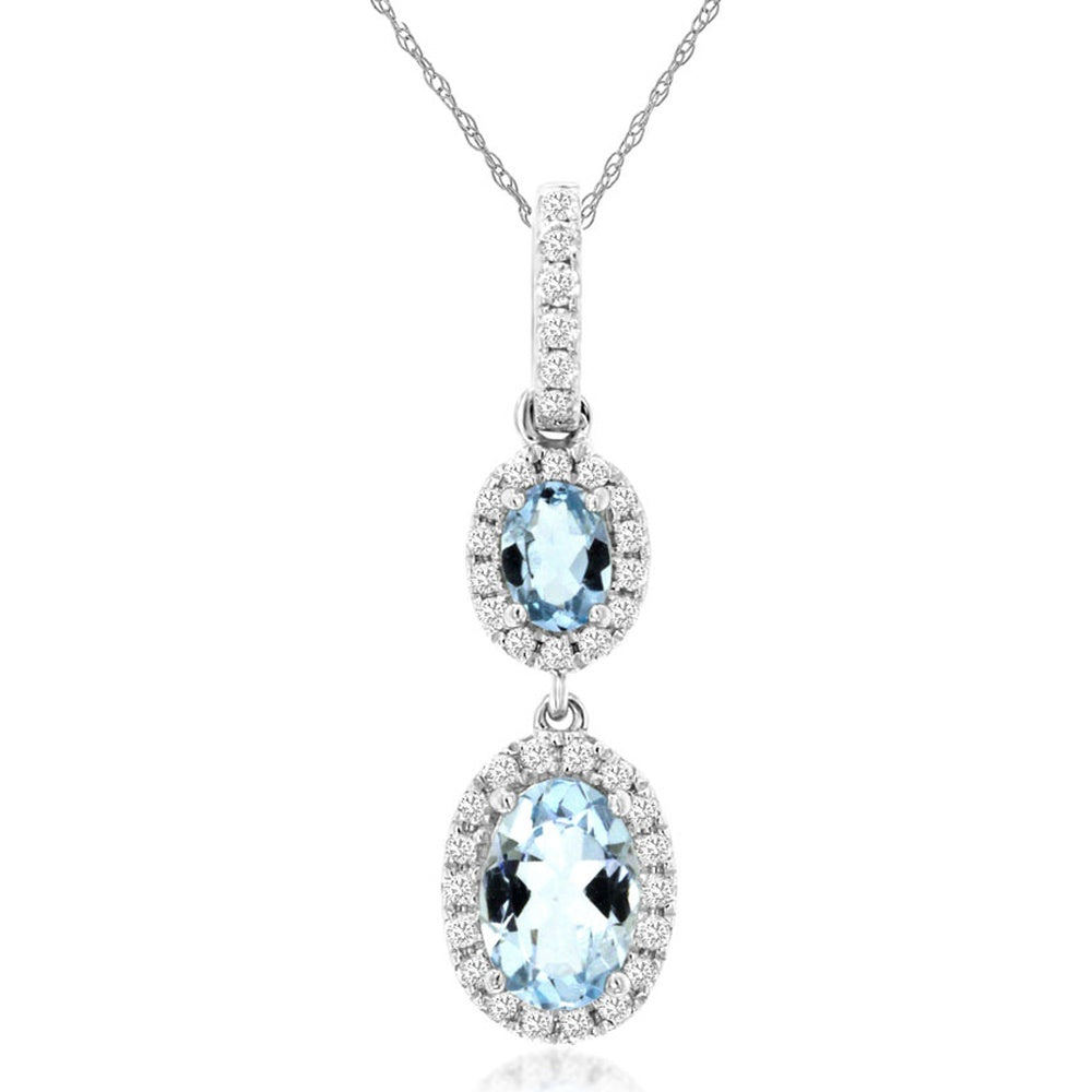 14K White Gold Two-Tier Drop Pendant with Oval Aquamarines and Diamond Halos - 0.58ctw Aquamarine and 0.14ctw Diamonds - Royal Jewelry