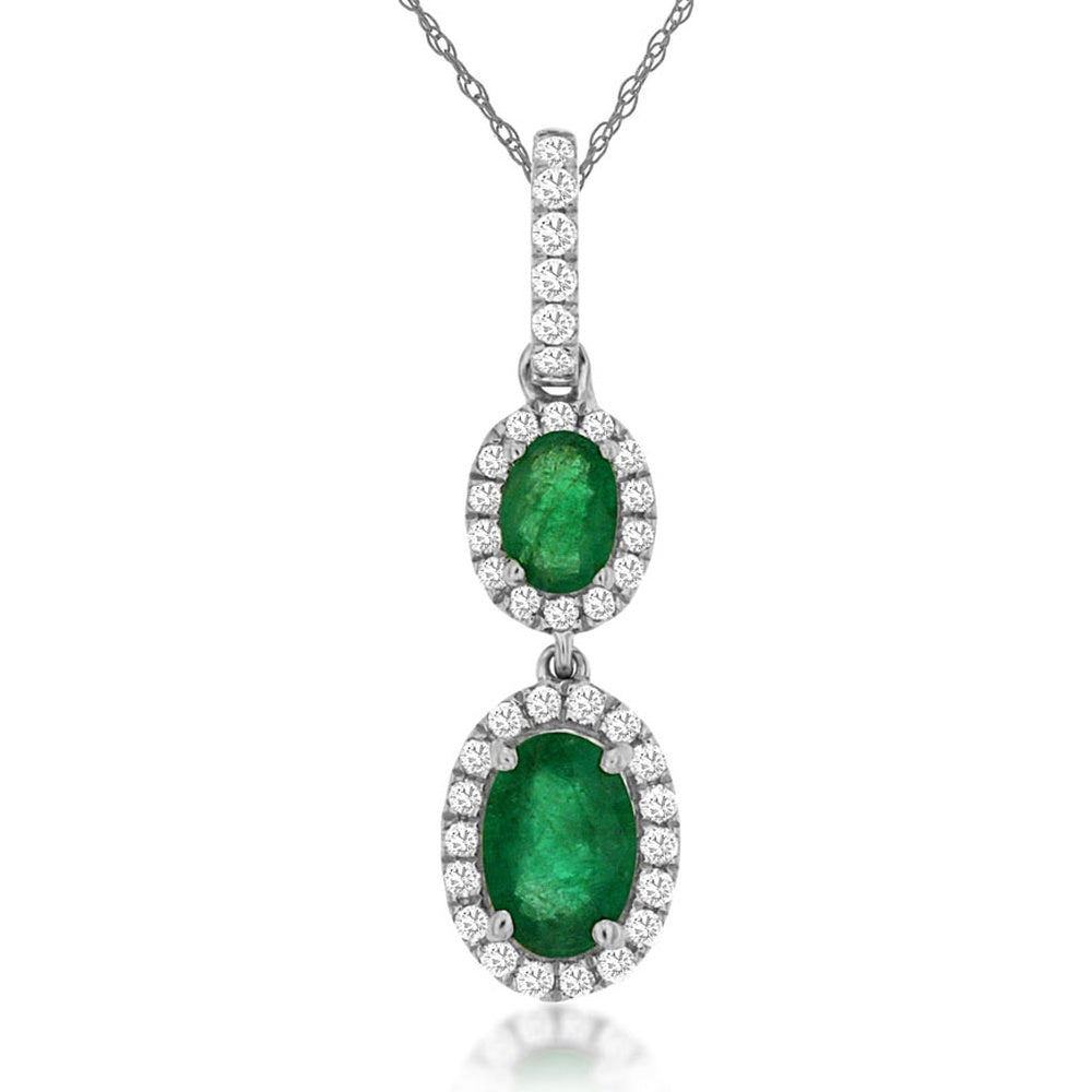14K White Gold Two-Tier Oval Emerald Pendant with Diamond Halo and Diamond-Encrusted Bail - 0.80 Carat Total Emerald Weight - Royal Jewelry