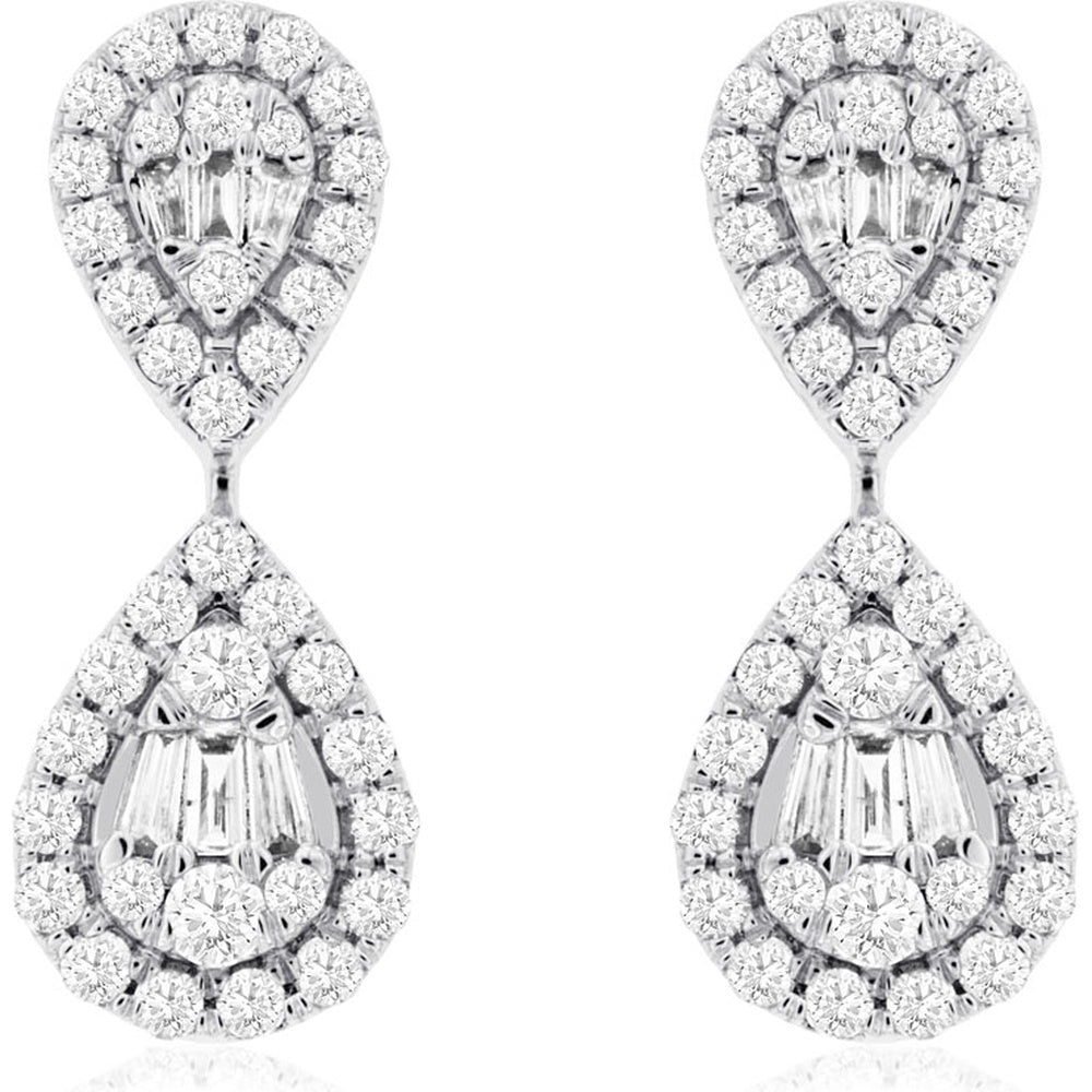 14K White Gold Two-Tier Teardrop Drop Earrings with Halo-Set Mixed Baguette and Round Diamonds - 0.80 Carat Total Diamond Weight - Royal Jewelry