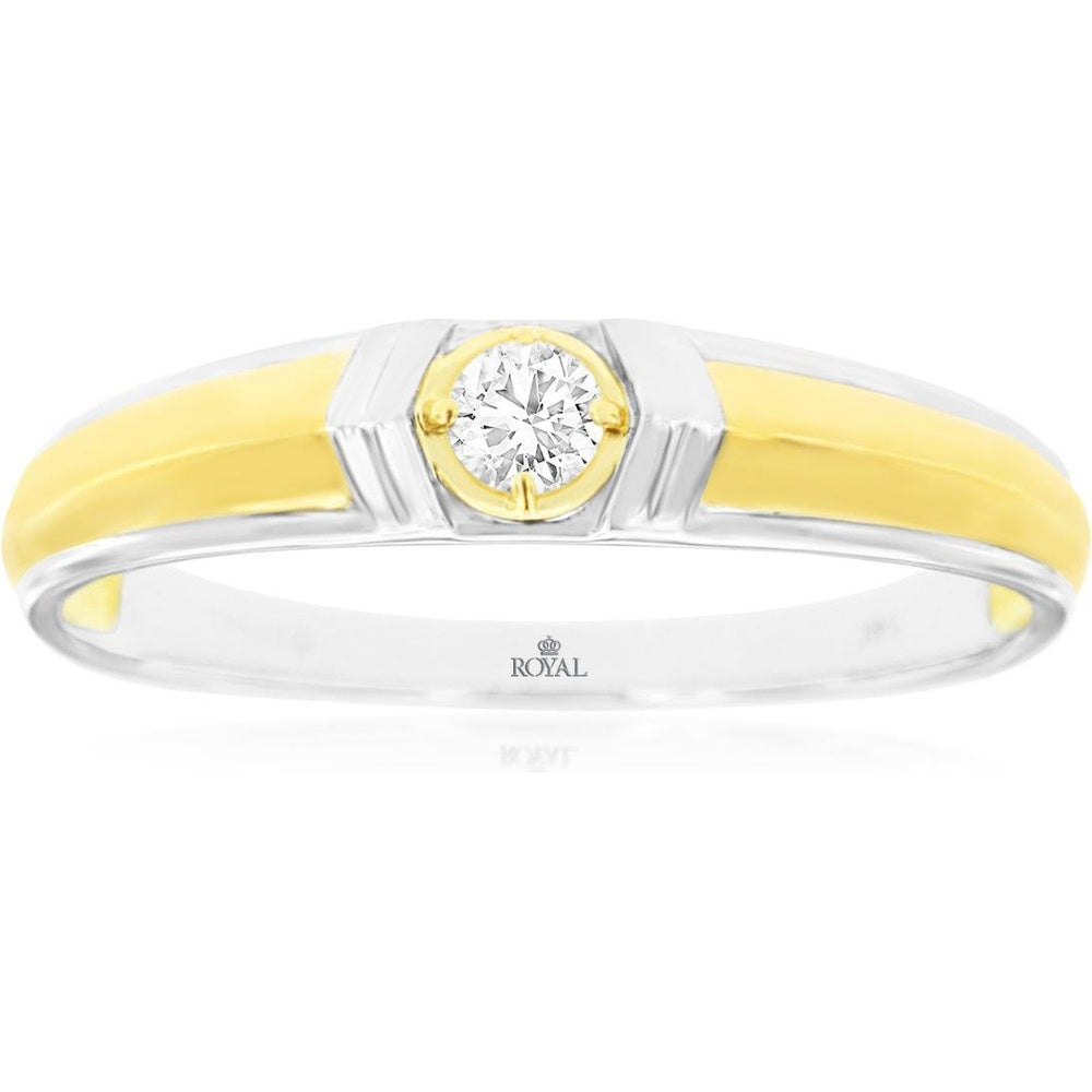 14K White Gold Two-Tone Architectural Wedding Band with Bezel-Set Round Diamond – 0.12 Carat Total Diamond Weight - Royal Jewelry