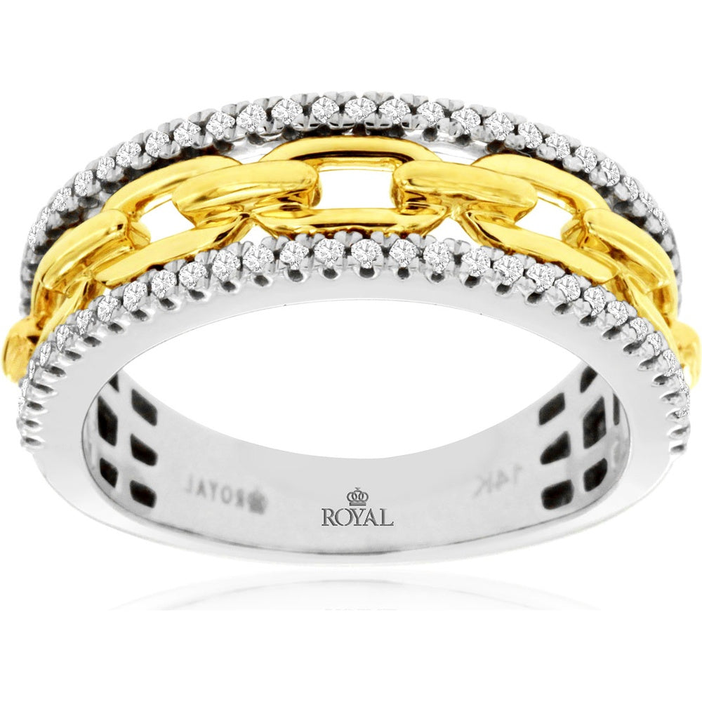 14K White Gold Two-Tone Chain Link Diamond Wedding Band with Prong-Set Round Diamonds - 0.25 Carat Total Diamond Weight - Royal Jewelry
