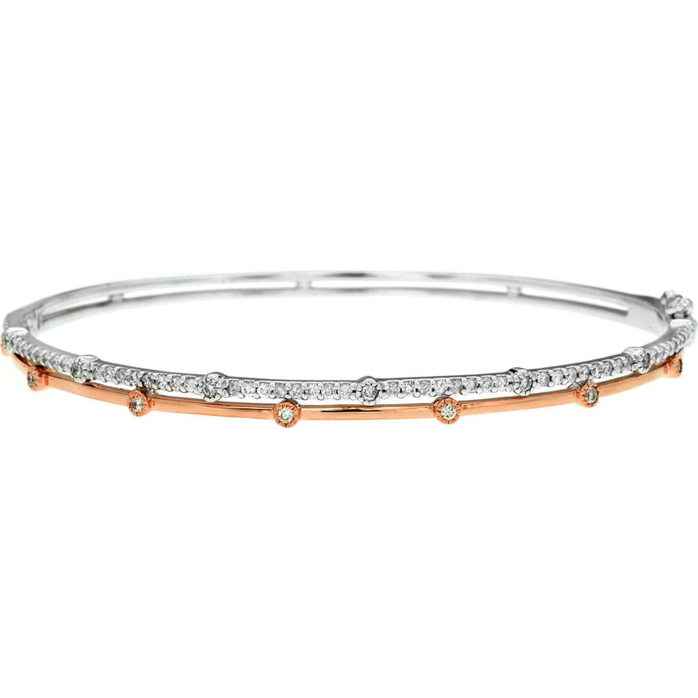 14K White Gold Two-Tone Diamond Bangle Bracelet with Rose Gold Accents - 0.71 Carat Total Diamond Weight - Royal Jewelry