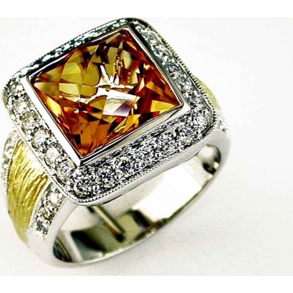 14K White Gold Two-Tone Halo Ring with 4.85 Carat Cushion Cut Citrine and 0.75 Carat Round Diamonds - Royal Jewelry