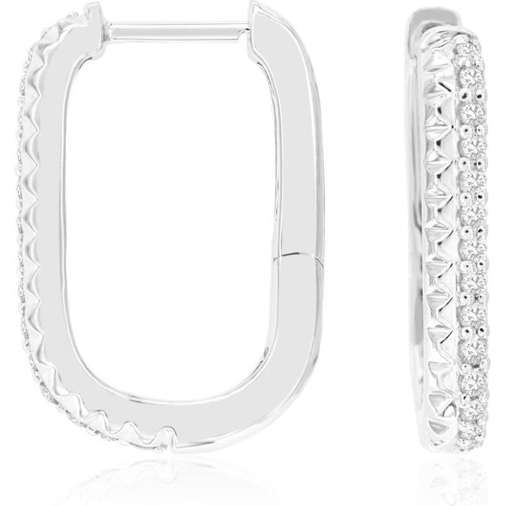 14K White Gold U-Shaped Geometric Hoop Earrings with Prong Set Round Diamonds - 0.26 Carat Total Diamond Weight - Royal Jewelry
