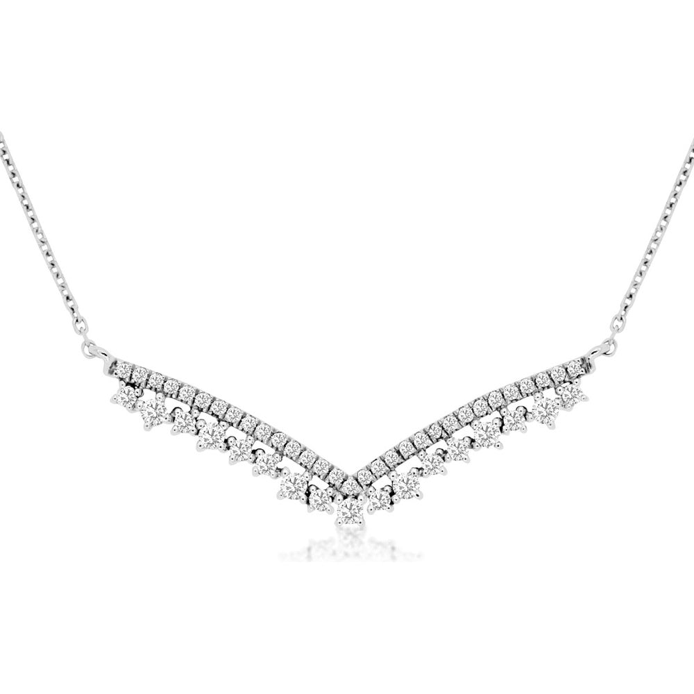 14K White Gold V-Shape Geometric Diamond Necklace with Prong-Set Round Diamonds - 0.28 Carat Total Diamond Weight - Royal Jewelry