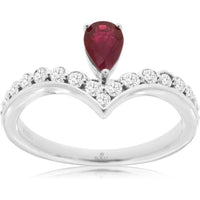 14K White Gold V-Shaped Chevron Ring with 0.45 Carat Pear Cut Ruby and 0.37 Carat Round Diamond Accents - Royal Jewelry