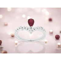 14K White Gold V-Shaped Chevron Ring with 0.45 Carat Pear Cut Ruby and 0.37 Carat Round Diamond Accents - Royal Jewelry