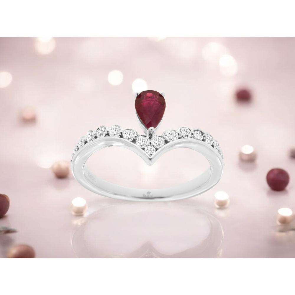 14K White Gold V-Shaped Chevron Ring with 0.45 Carat Pear Cut Ruby and 0.37 Carat Round Diamond Accents - Royal Jewelry