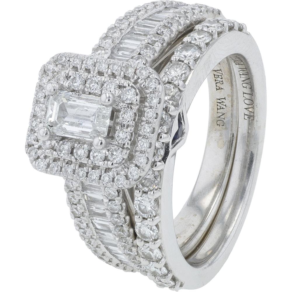 14K White Gold Vera Wang Emerald Cut Diamond Bridal Set with Double Halo and 1.83 Carat Total Diamond Weight