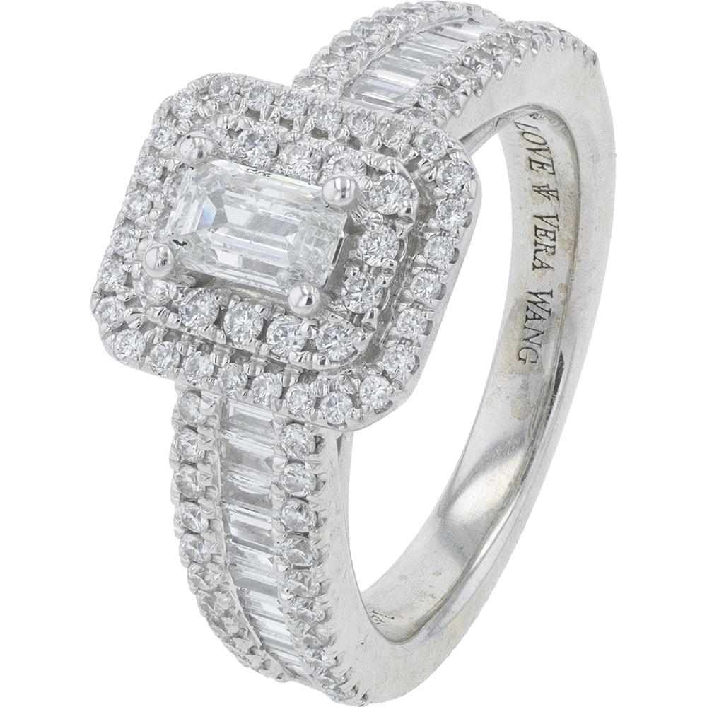 14K White Gold Vera Wang Emerald Cut Diamond Bridal Set with Double Halo and 1.83 Carat Total Diamond Weight