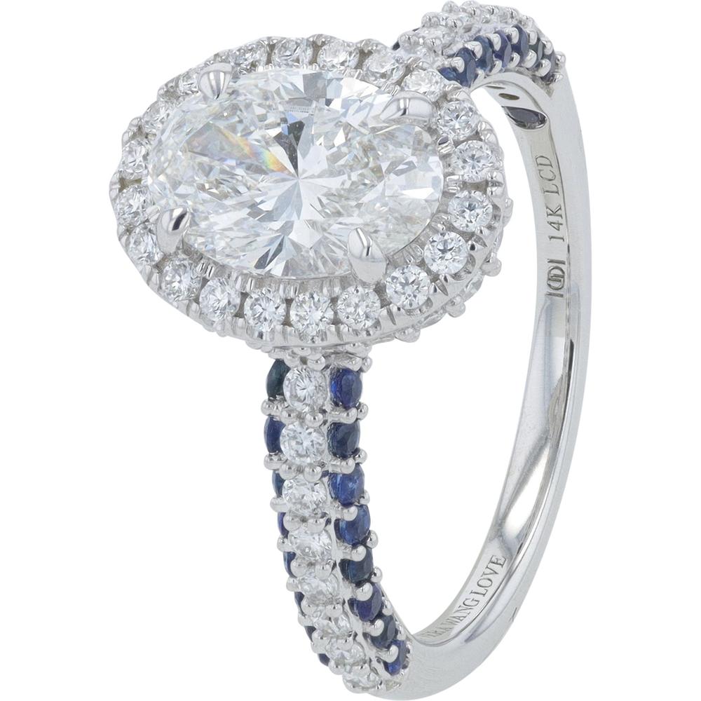14K White Gold Vera Wang Oval Halo Engagement Ring with 1.50 Carat Lab-Grown Diamond Center and 0.50 Carat Blue Sapphires - 2.00 Carat Total Diamond Weight