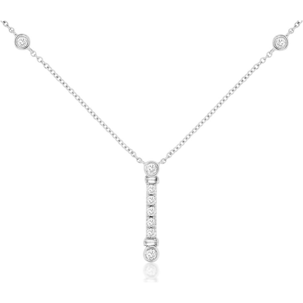 14K White Gold Vertical Bar Pendant Necklace with Bezel-Set Round Diamonds - 0.20 Carat Total Diamond Weight - Royal Jewelry