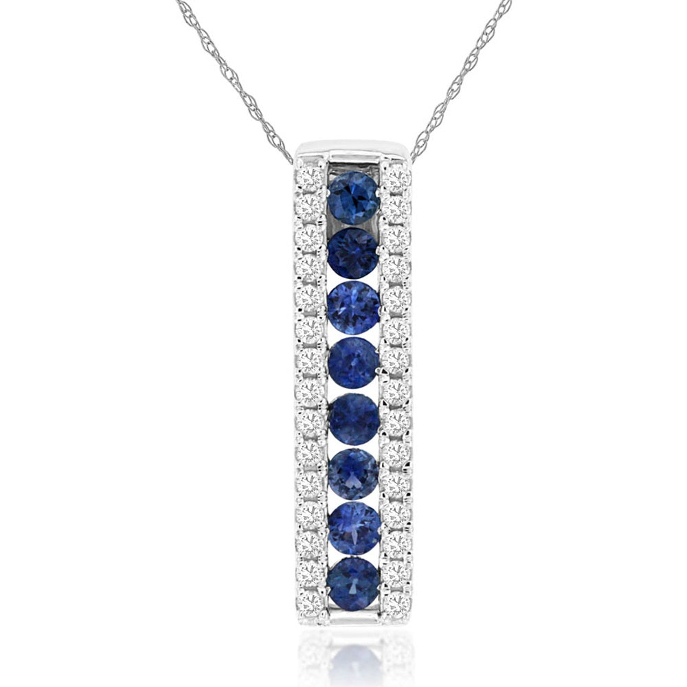 14K White Gold Vertical Bar Pendant with Channel-Set Round Blue Sapphires and Diamond Borders - 0.45 Carat Total Sapphire Weight and 0.19 Carat Total Diamond Weight - Royal Jewelry