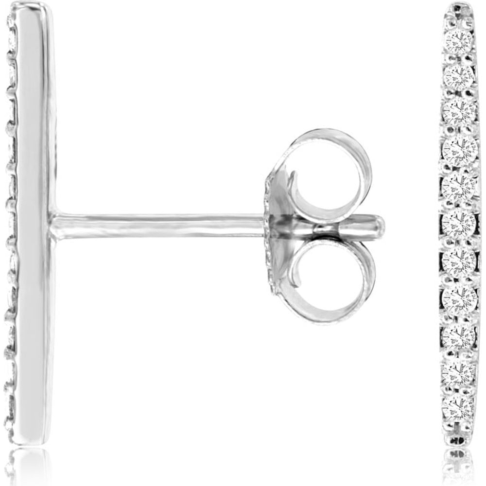 14K White Gold Vertical Diamond Bar Stud Earrings with Prong-Set Round Diamonds - 0.10 Carat Total Diamond Weight - Royal Jewelry