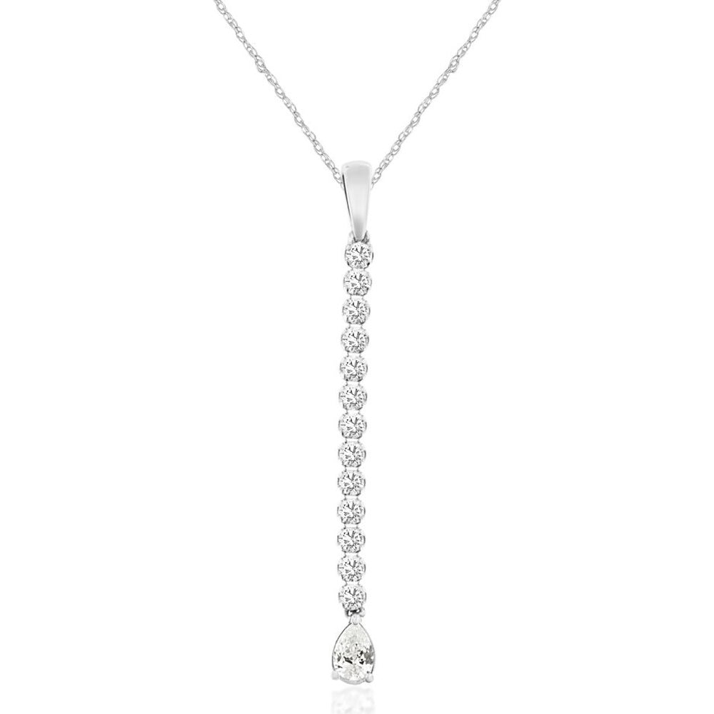 14K White Gold Vertical Drop Necklace with 10 Round and 1 Pear-Cut Diamonds - 0.45 Carat Total Diamond Weight - Royal Jewelry