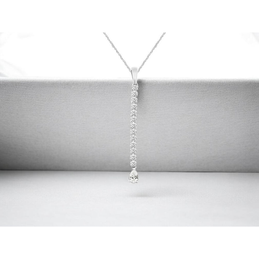 14K White Gold Vertical Drop Necklace with 10 Round and 1 Pear-Cut Diamonds - 0.45 Carat Total Diamond Weight - Royal Jewelry