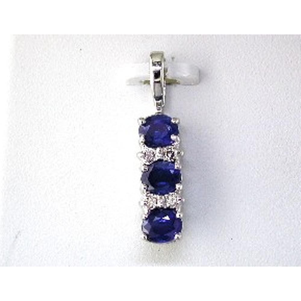 14K White Gold Vertical Three-Oval Sapphire Pendant with Round Diamond Accents - 1.30 Carat Sapphire, 0.06 Carat Diamond Weight - Royal Jewelry