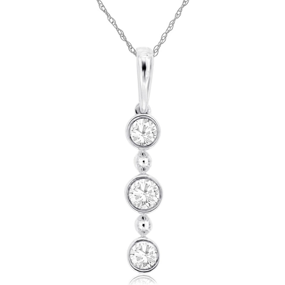 14K White Gold Vertical Three-Stone Drop Pendant with Bezel-Set Round Diamonds - 0.20 Carat Total Diamond Weight - Royal Jewelry