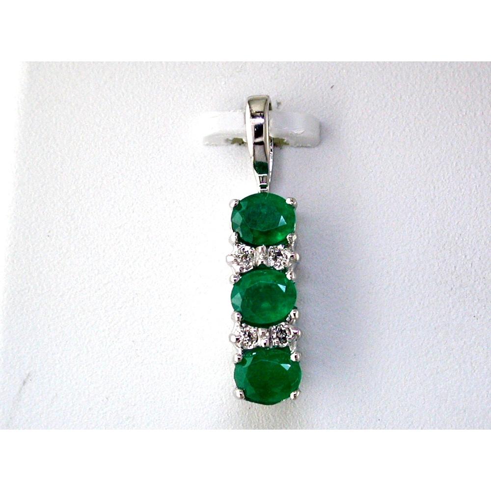 14K White Gold Vertical Three-Stone Pendant with Oval Emeralds and Round Diamond Accents - 1.00 Carat Total Emerald Weight, 0.06 Carat Total Diamond Weight - Royal Jewelry