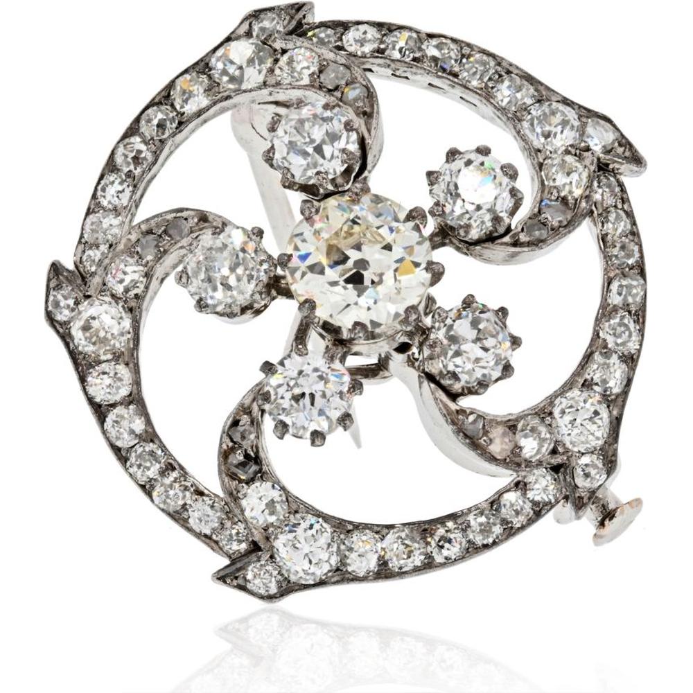 14K White Gold Victorian Floral Diamond Brooch - 5.00 Carats Total Diamond Weight