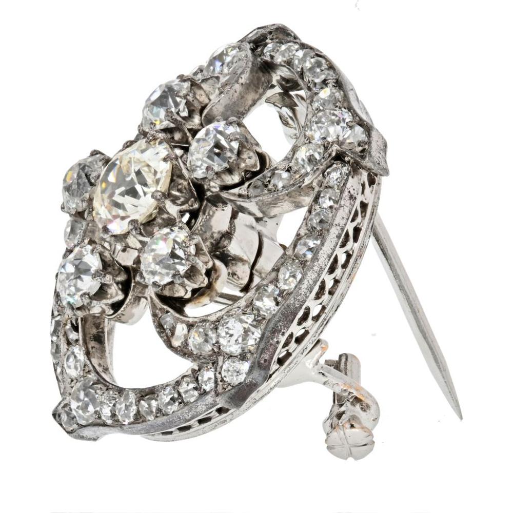 14K White Gold Victorian Floral Diamond Brooch - 5.00 Carats Total Diamond Weight