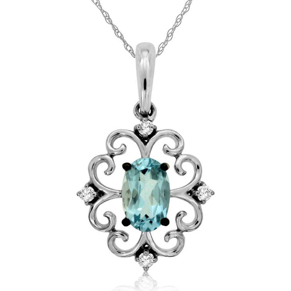 14K White Gold Vintage Filigree Pendant with Oval Aquamarine and Diamond Accents - 0.42 Carat Aquamarine and 0.04 Carat Total Diamond Weight - Royal Jewelry