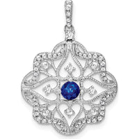 14K White Gold Vintage Filigree Pendant with Round Sapphire and Diamonds - 0.34 Carat Sapphire, 0.092 Carat Diamond Total Weight by Lumare Gioia